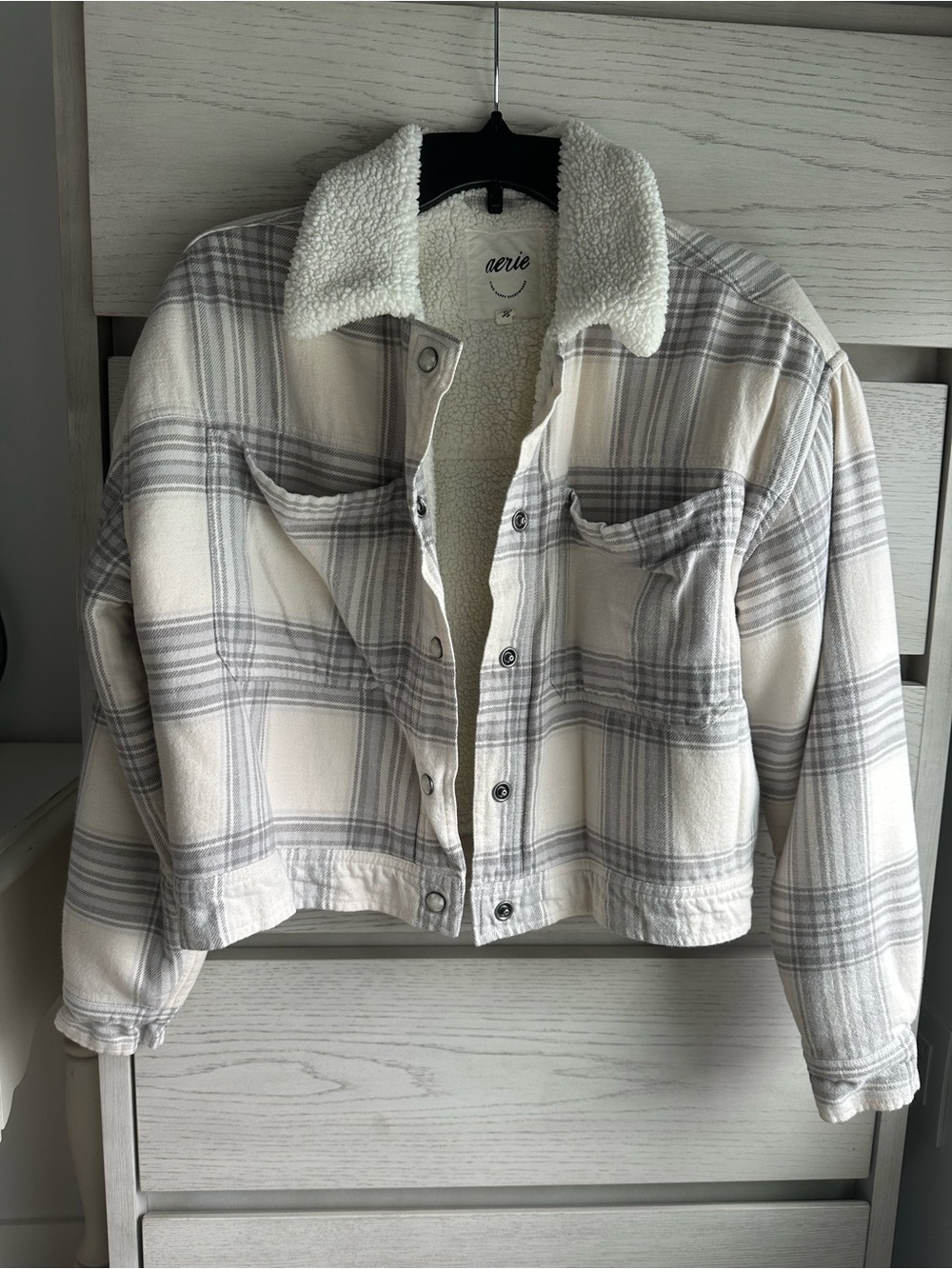 Aerie White and Gray Plaid Sherpa Jacket